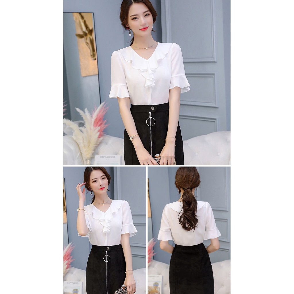 Áo Sơ Mi Tay Lỡ Phối Bèo Nữ Tính Phong Cách Hàn Quốc Cho Nữ