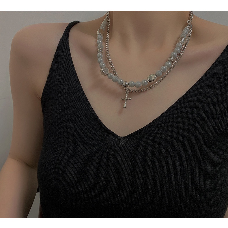 Vòng cổ Ngọc Trai Mặt Chữ Thập Phong Cách Âu Mỹ