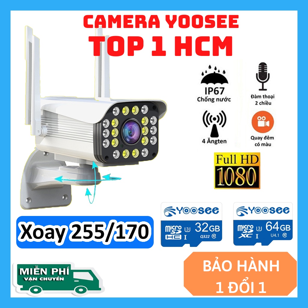 Camera Yoosee ngoài trời 4 râu 36Led 20Led Full HD 1080 - Camera Yoosee thân xoay kèm thẻ nhớ yoosee | Bảo Hành 12 Tháng