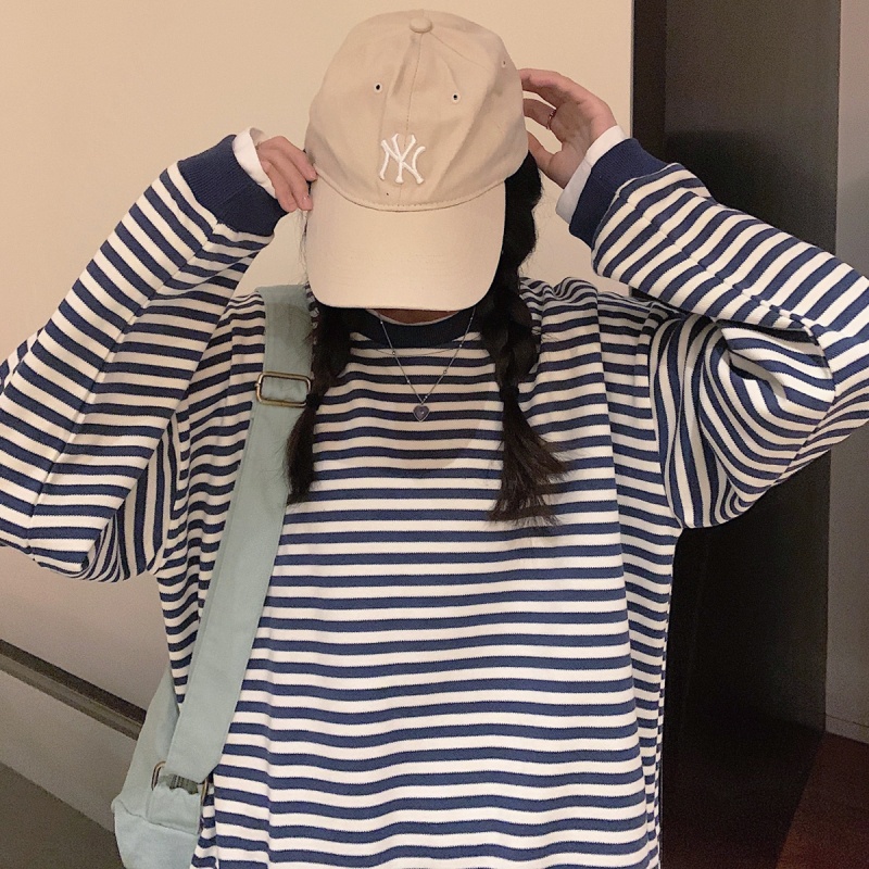 Áo Sweater Mỏng Cổ Tròn Kẻ Sọc Thời Trang Xuân Thu Cho Nữ