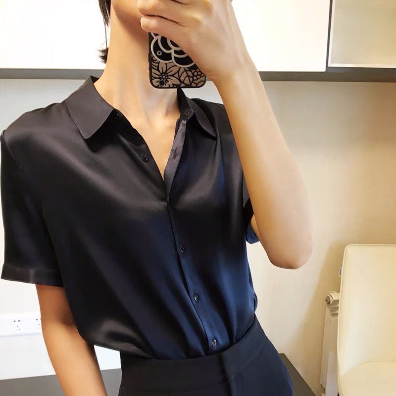 Áo sơ mi tay ngắn nữ, màu trắng, đen, kiểu hàn quốc, cộc tay, chất lụa, đi làm công sở MESDIARY | BigBuy360 - bigbuy360.vn