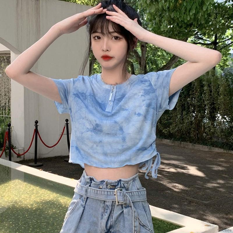 Áo Lửng Tay Ngắn Phối Màu Nhuộm Độc Đáo Trang Trí Dây Rút Bên Hông Cho Nữ