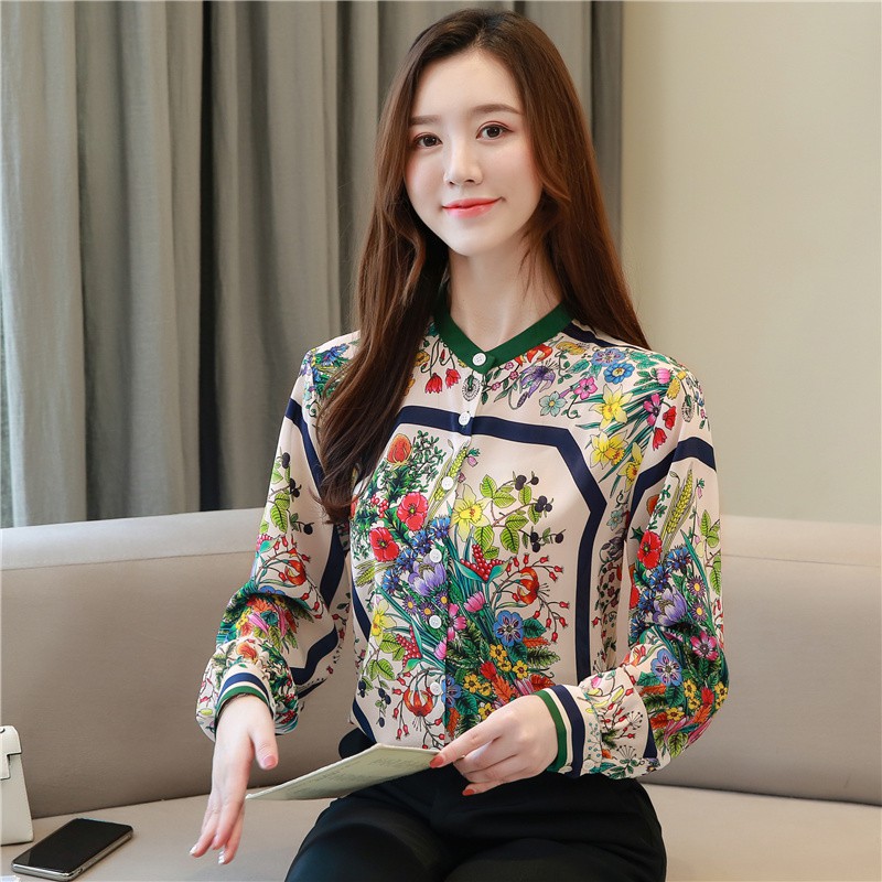 Áo sơ mi lụa dài tay dáng rộng in họa tiết vintage thời trang thanh lịch mới năm 2019