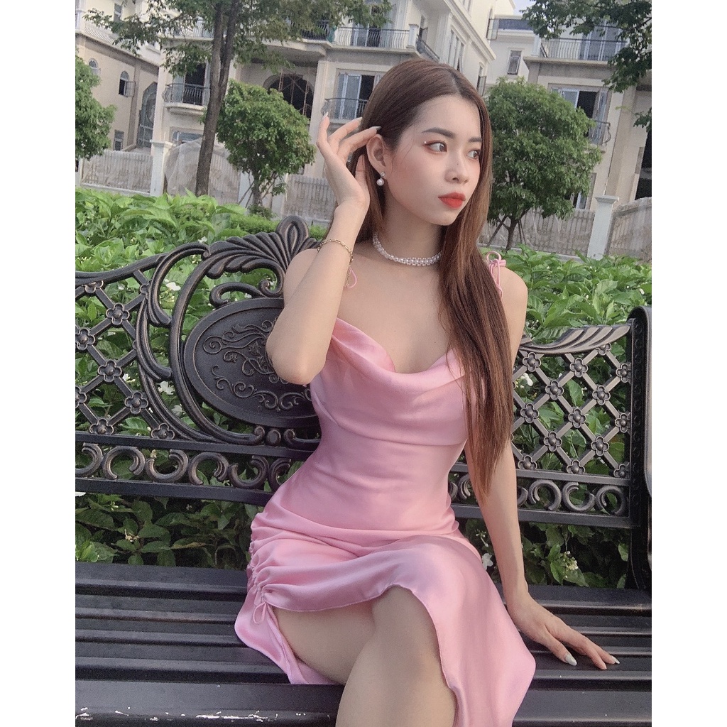 Đầm Lụa Lệch Tà Rút Cao Cấp - Váy Lụa Dự Tiệc Sang Chảnh - Hai Dây Cổ Đổ Tà Rút Một Bên Cực Tôn Dáng