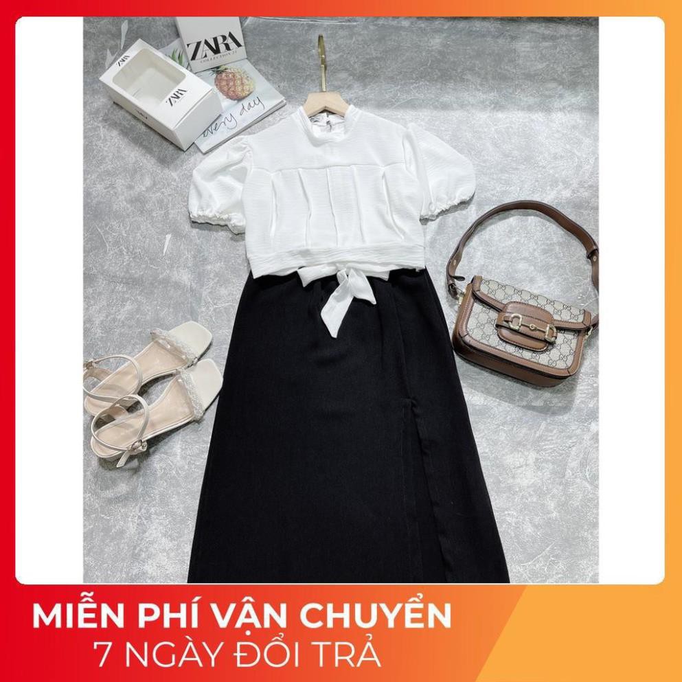 [ 𝐅𝐑𝐄𝐄 𝐒𝐇𝐈𝐏 ] Set Tay Bồng Buộc Nơ Eo Mix Chân Váy Xẻ