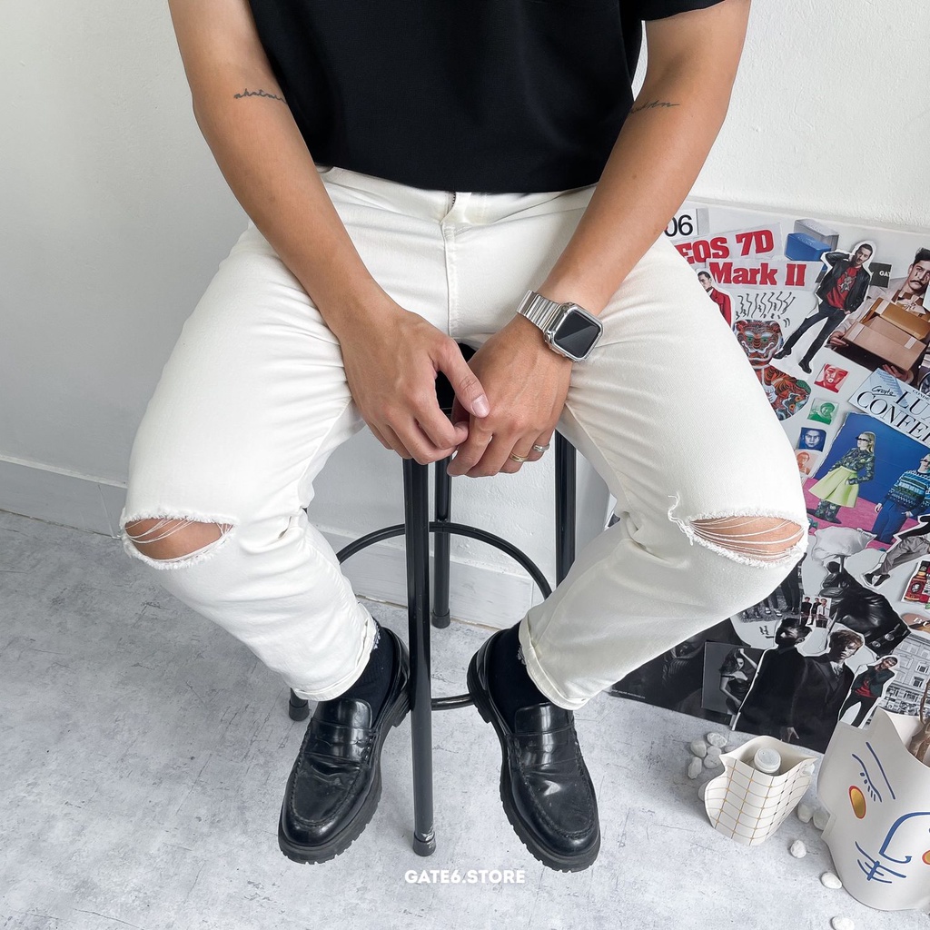 Quần Jean Nam slimfit YY, quần bò dài dáng ôm rách gối co giãn trơn Đen / Trắng - GATE6 - 3004-5