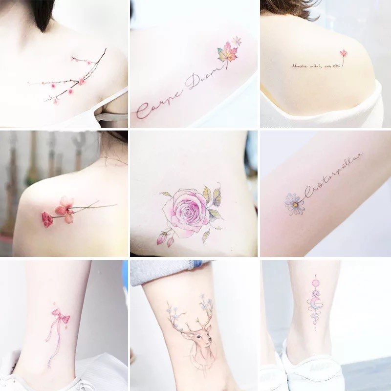 Set 30 Miếng Dán Hình Xăm Tạm Thời Họa Tiết Hoa/Bướm/Chữ Tiếng Anh Dễ Thương Chống Thấm Nước Cho Nam Và Nữ
