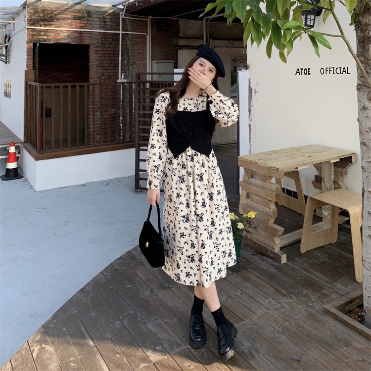 IELGY   Đầm Dài Cổ Tròn In Họa Tiết Hoa Phong Cách Hàn Quốc Cho Nữ