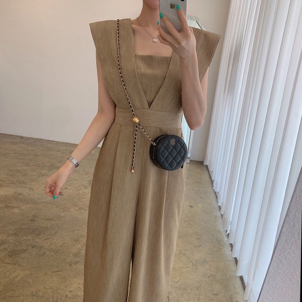 Korean-StylechicSummer Retro Square Collar Waist Slimming Loose All-Matching Long Sleeveless Jumpsuit Wide Leg Pants for Women | BigBuy360 - bigbuy360.vn