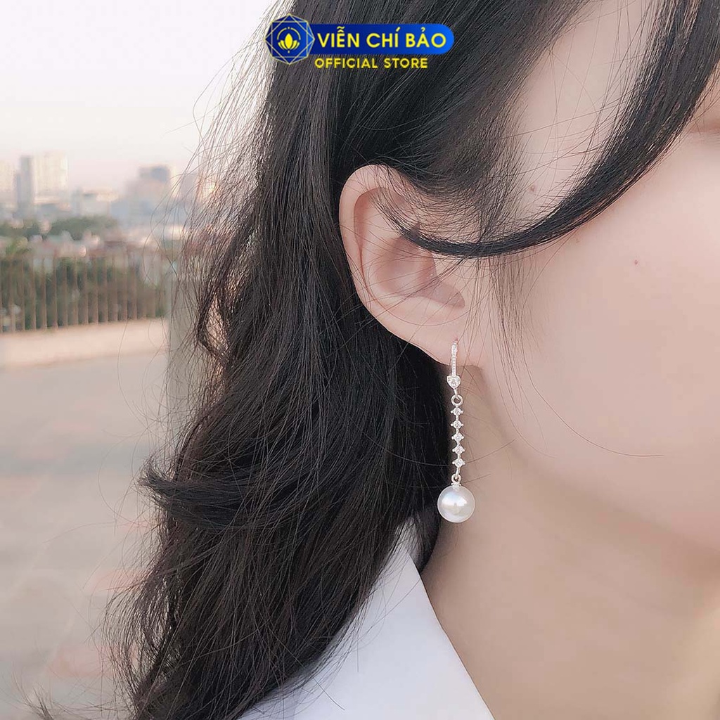 Bông tai bạc nữ Trái châu dạng thả đính đá chất liệu bạc 925 phụ kiện trang sức Viễn Chí Bảo B400150