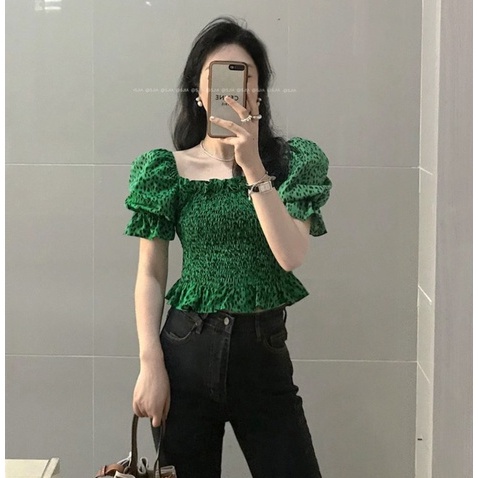 QADCOL Áo Kiểu Tay Phồng Cổ Vuông In Họa Tiết Da Báo Màu Xanh Lá Phong Cách Hàn Quốc