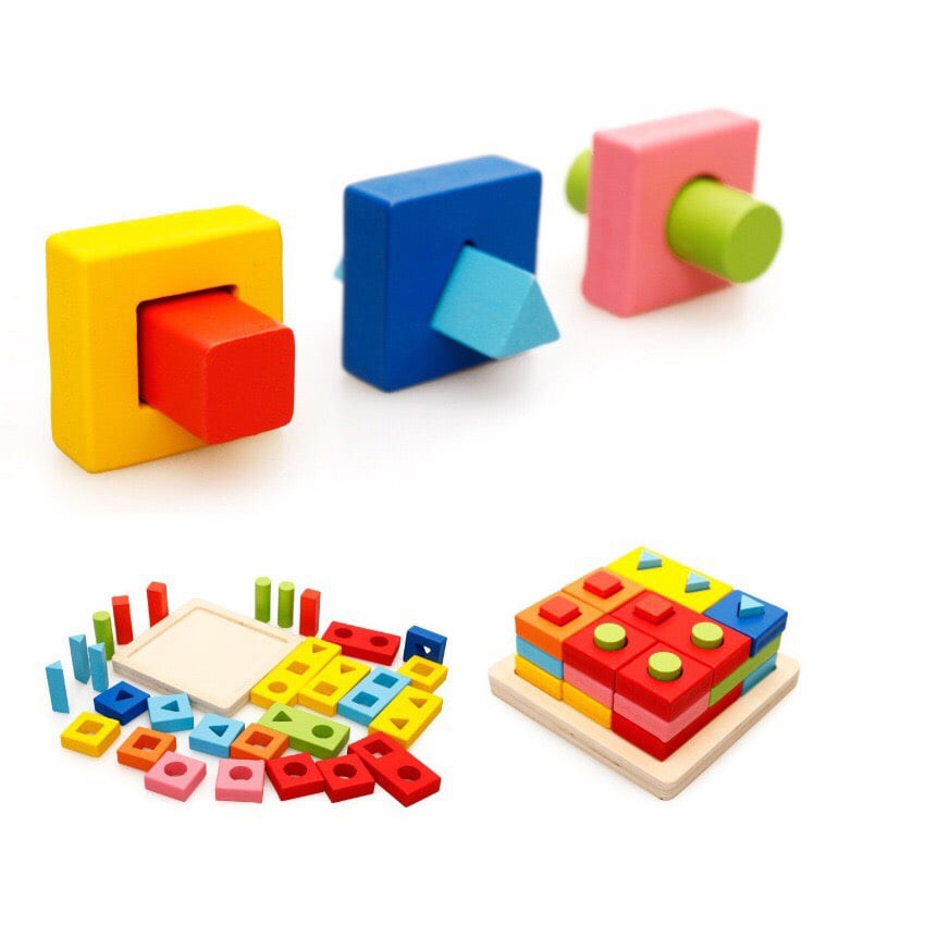 Đồ chơi gỗ Montessori thả cọc hình khối thông minh 3D