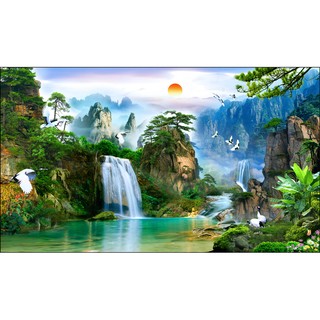 Tranh dán tường phong thủy Tùng hạc diên niên LunaTM-0021 kim sa