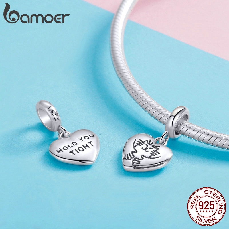 Mặt Trang Sức Bamoer Bằng Bạc 925 Hình Trái Tim Chạm Khắc Hình Chú Mèo Xinh Xắn Dùng Trang Trí Phụ Kiện DIY