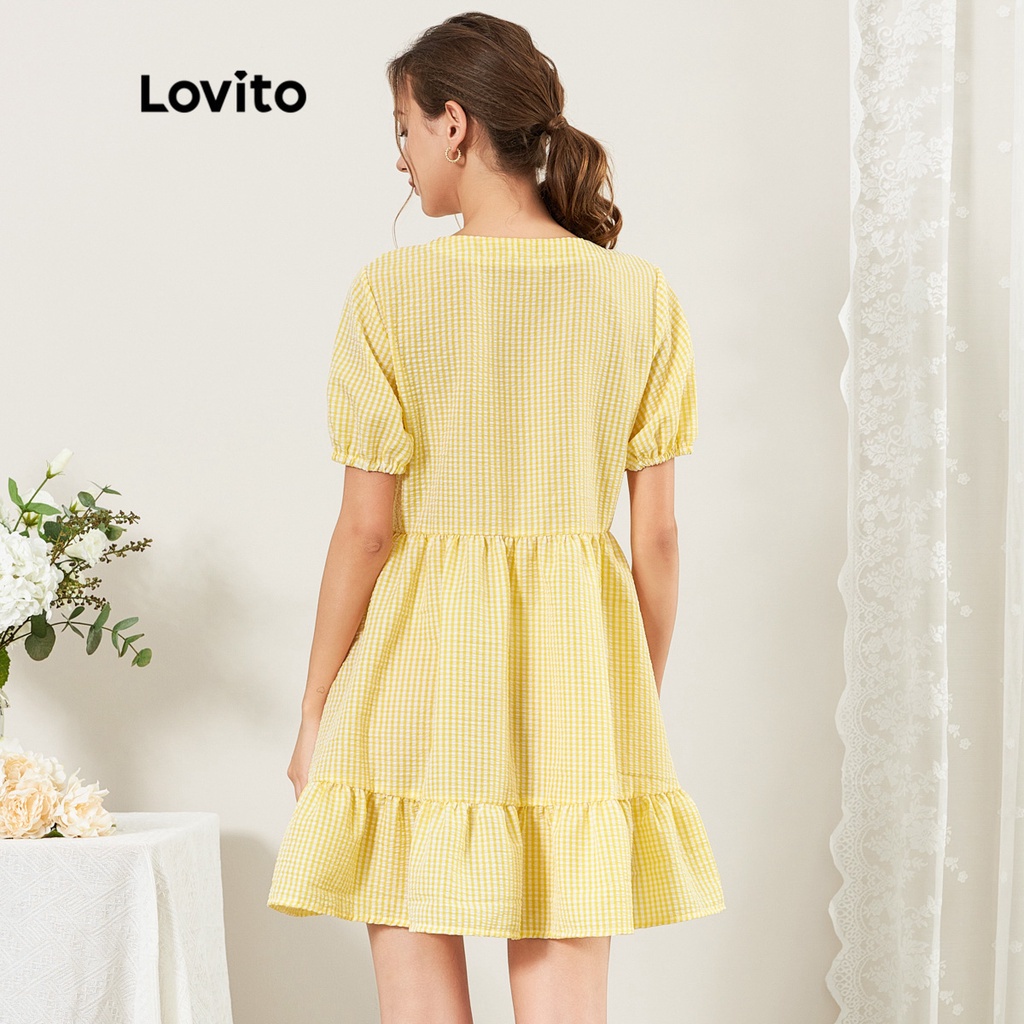 Đầm Lovito thẳng suông gài nút phía trước màu trơn thường ngày L25ED030