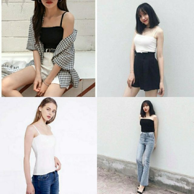 Áo 2 dây sợi bún thun gân đẹp 100% cotton đen trắng