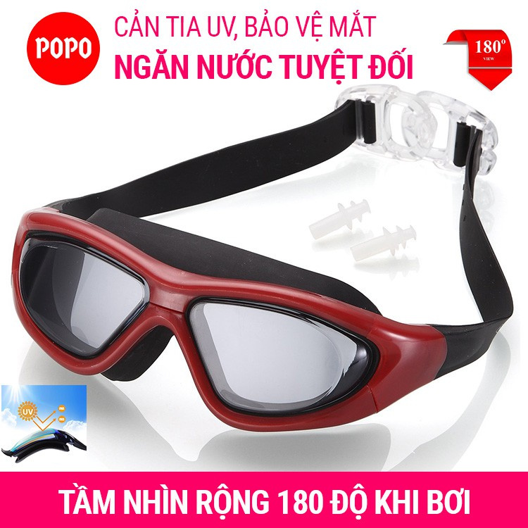 Kính bơi tầm nhìn rộng 180 độ, mũ trơn, bịt tai kẹp mũi POPO Collection mắt chống tia UV sương mờ