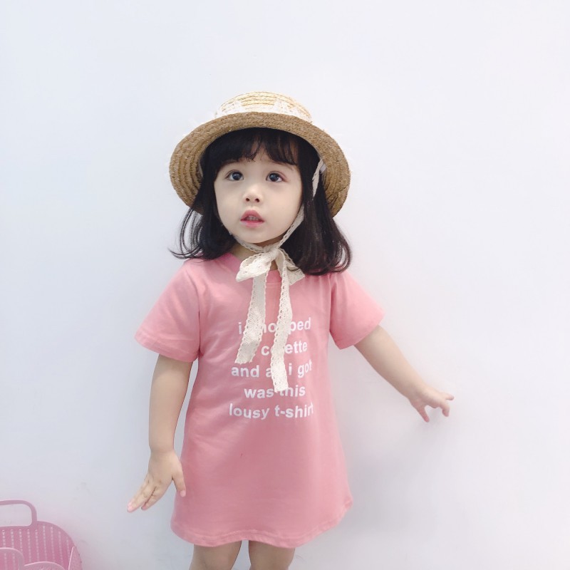 Đầm cotton ngắn tay in chữ dễ thương cho bé gái