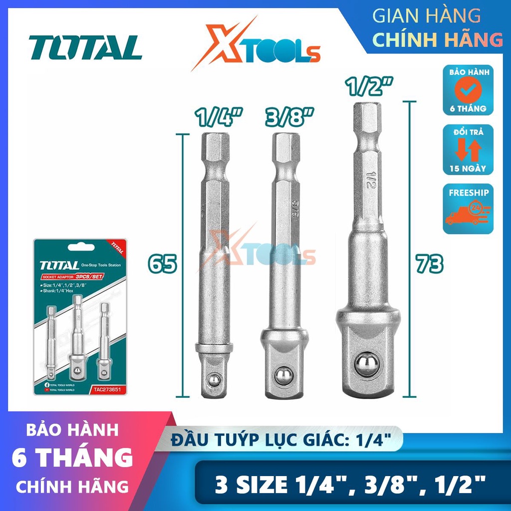 Bộ 3 đầu nối chuyển đổi từ bắn vít sang siết bulong TOTAL TAC273651 size bulong 1/4", 3/8", 1/2" đầu -CHÍNH HÃNG-XTOOLS