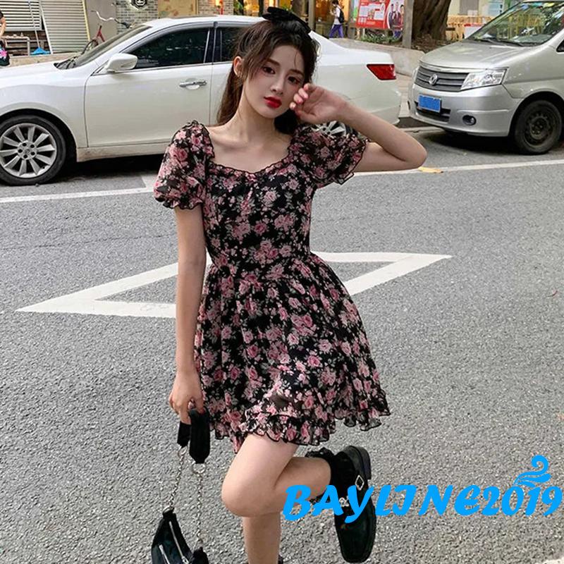 Đầm chữ A tay ngắn cổ vuông lưng cao thời trang mùa hè dành cho nữ