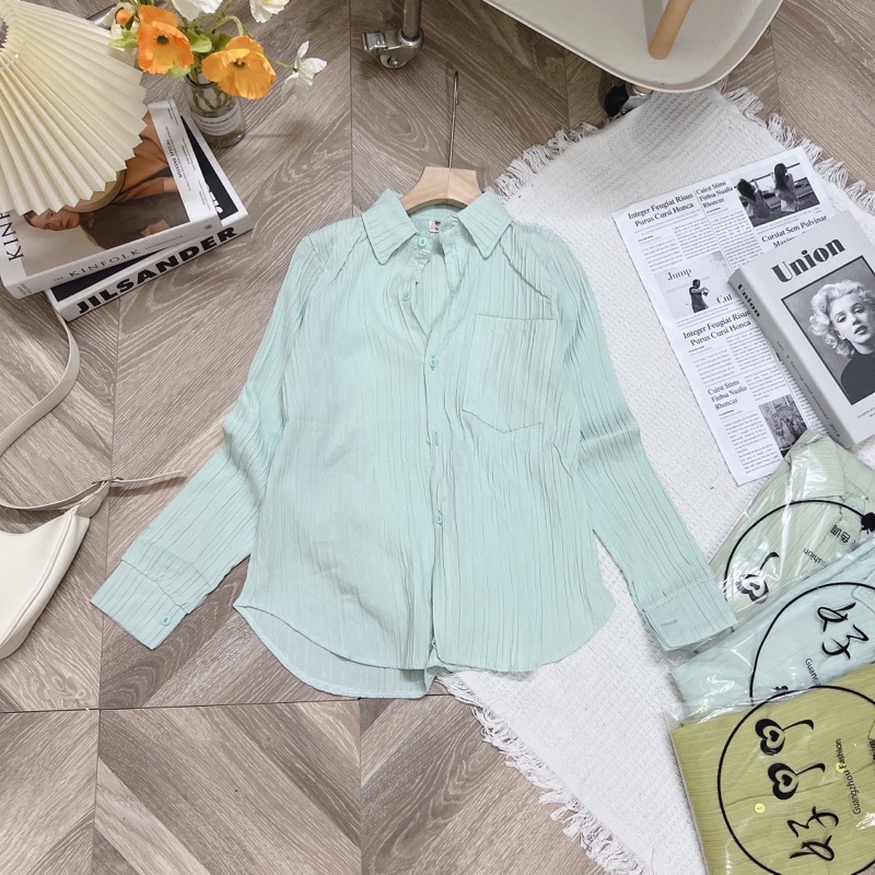 Sơ mi trơn đũi thụng phom rộng trơn oversize 2 nắp túi dài tay, sơ mi trắng nữ xinh xắn YoYo