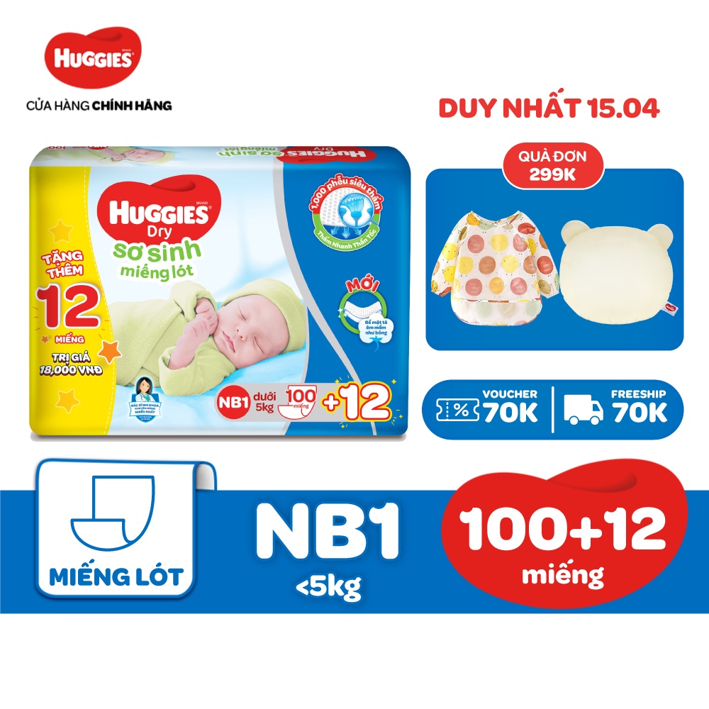 Miếng lót Sơ Sinh Huggies NB1 100 miếng - NB 1 100 (gói 100 miếng) + Tặng 12 miếng