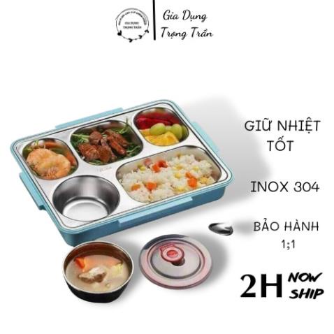 Khay đựng cơm chia ngăn giữ nhiệt chống tràn,hộp đựng cơm 5 ngăn kèm đũa thìa ăn INOX giữ nhiệt có lắp