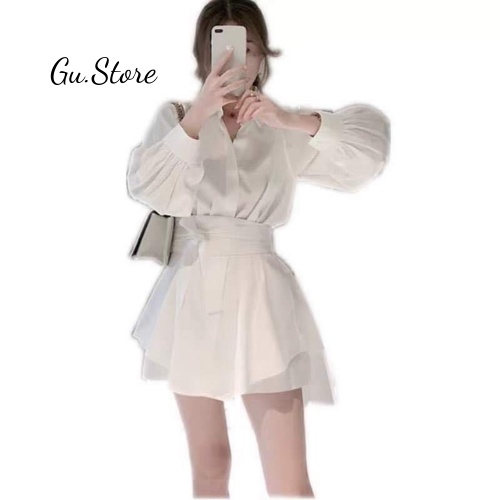 Set Váy Sơ Mi Hai Màu Đen Trắng Kèm Đai Buộc Uzzlang Gu store Hot Trend 2021 Ba Món Kết Hợp Được Nhiều Phong Cách mã044