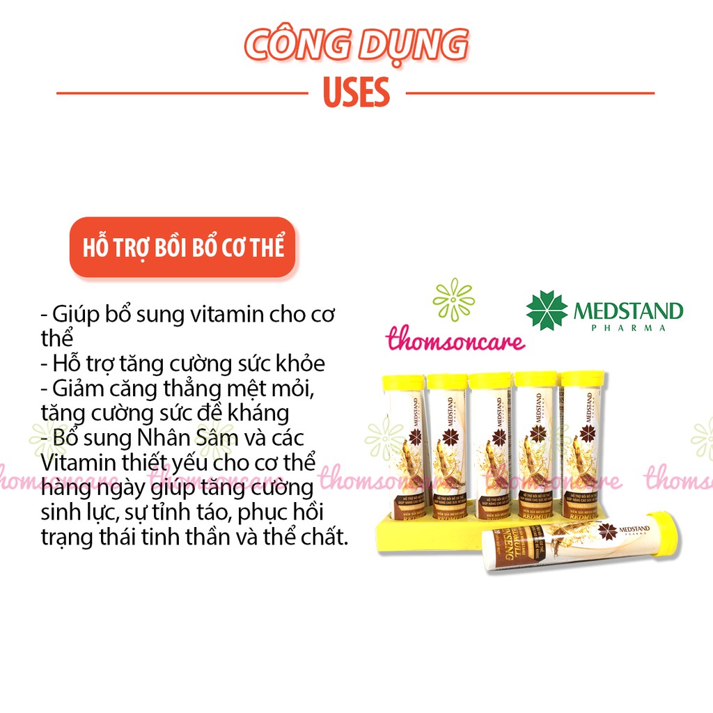 Viên sủi giảm mệt mỏi từ nhân sâm và vitamin Redmull Ginseng medstand tuýp 20 viên tăng sức đề kháng