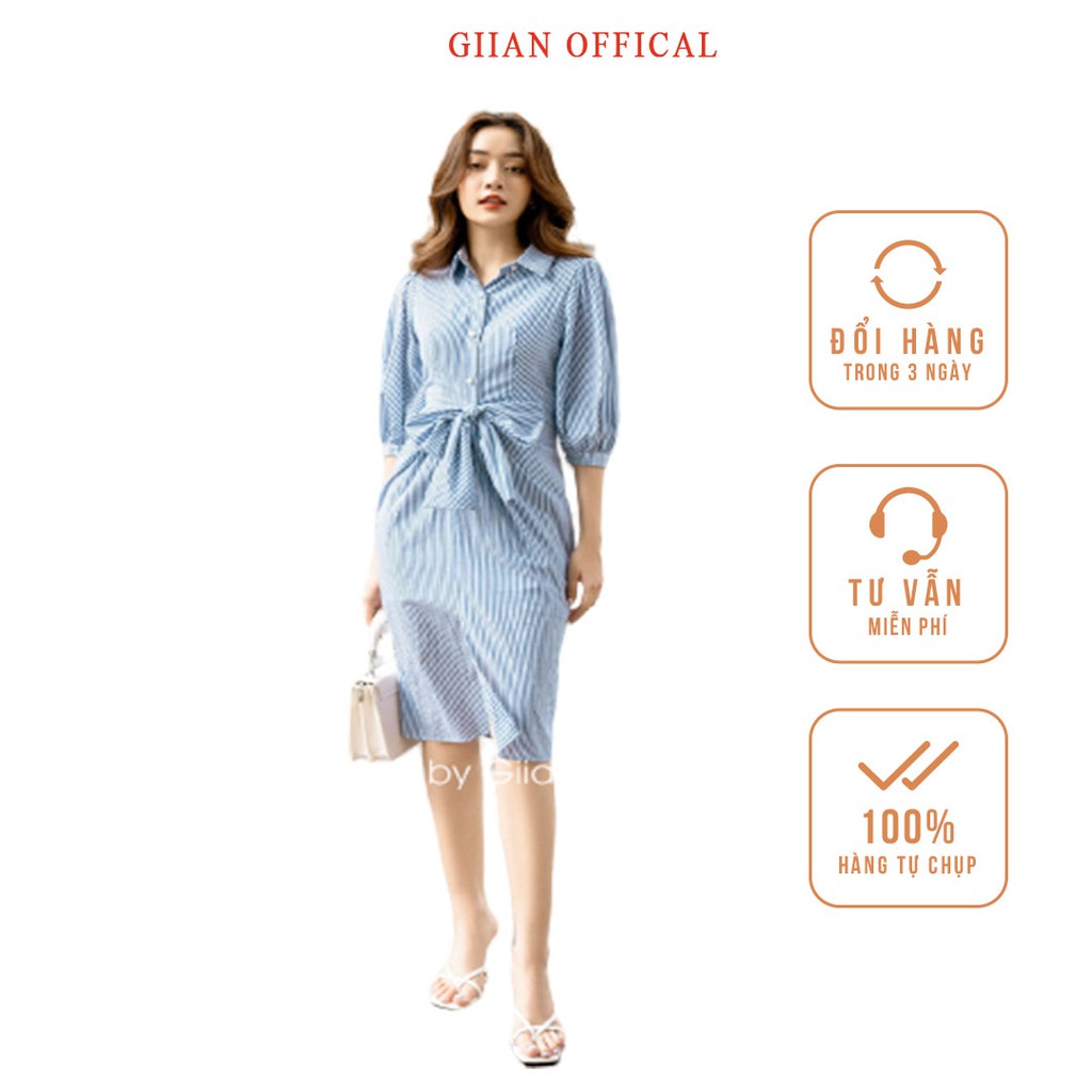 Giian - Váy sơ mi thắt nơ eo, đầm công sở kẻ sọc chất thô đứng form - thiết kế chính hãng - V2367