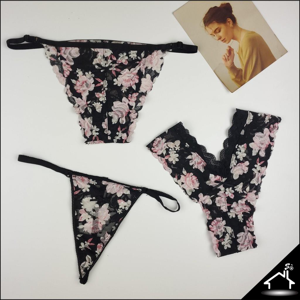 Bộ đồ lót sexy by Nhà Sò ren đen in hoa quần Y/Beo/Dây NS022 | BigBuy360 - bigbuy360.vn