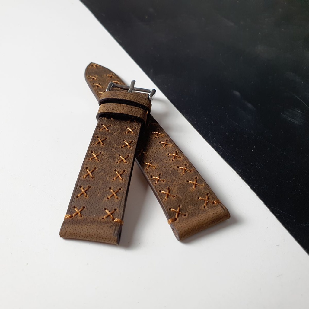 Dây đồng hồ thủ công da bò sáp AL117VB   Size 20/Size 22 - 100% da bò thật, BH 3 năm