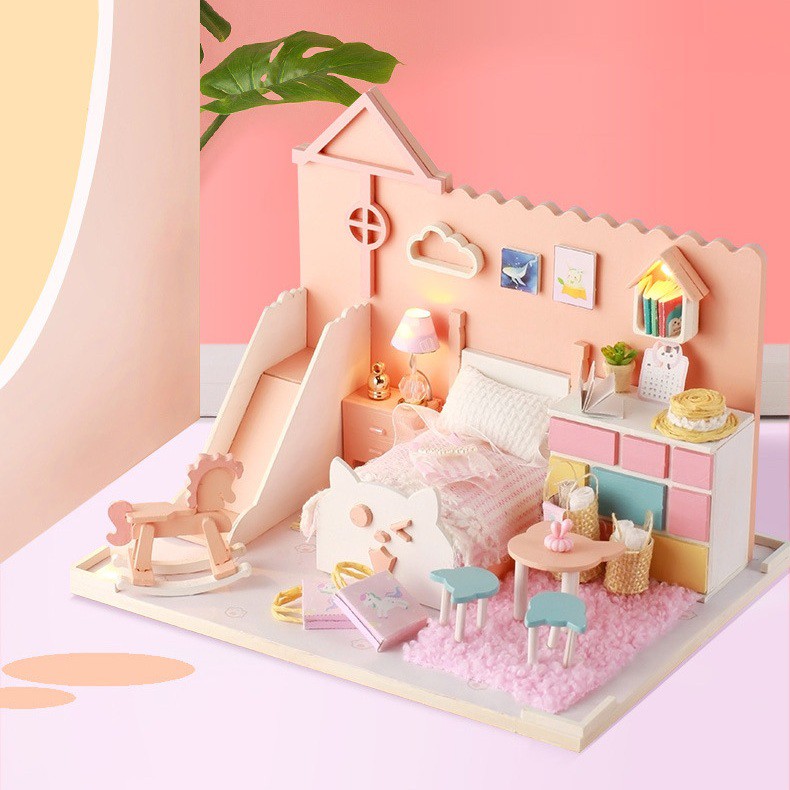 Mô hình nhà DIY Doll House Mia's Cat House Kèm Mica Chống bụi, Bộ dụng cụ và Keo dán