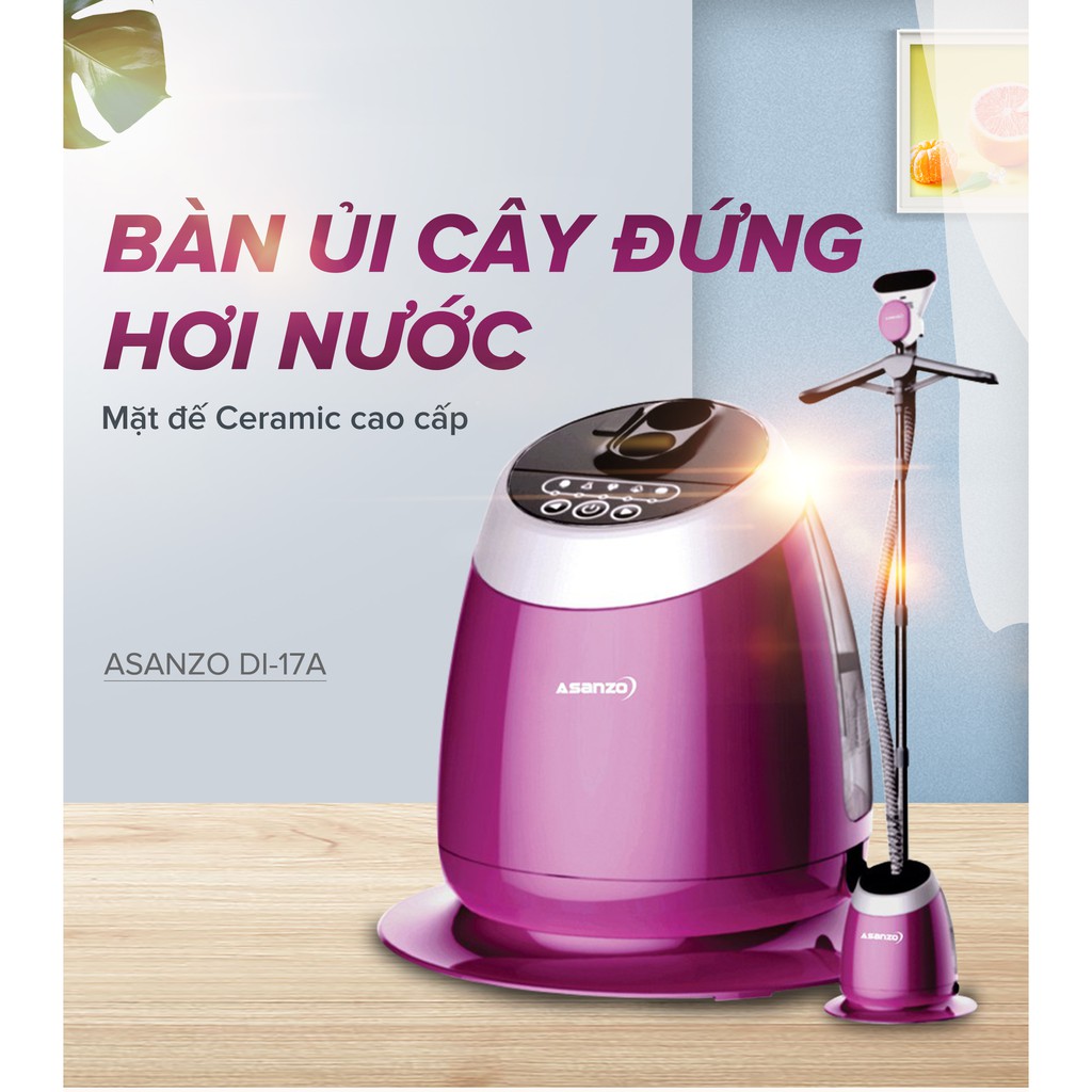 Bàn ủi cây đứng hơi nước mặt đế Ceremic cao cấp Asanzo DI-17A - Hàng Chính Hãng