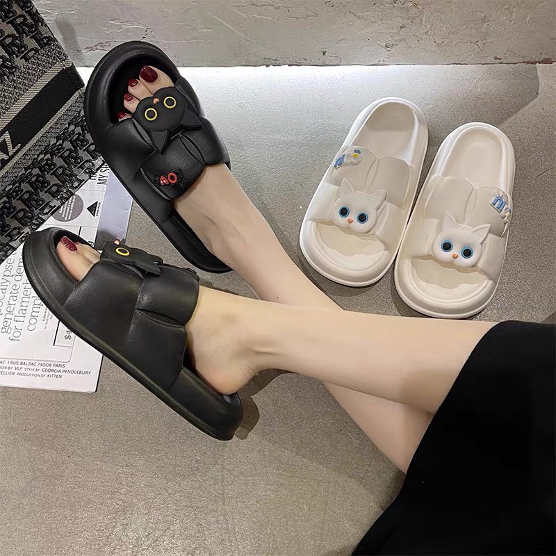 Dép quai ngang hình mèo dễ thương 2 màu đen trắng hottrend 2022