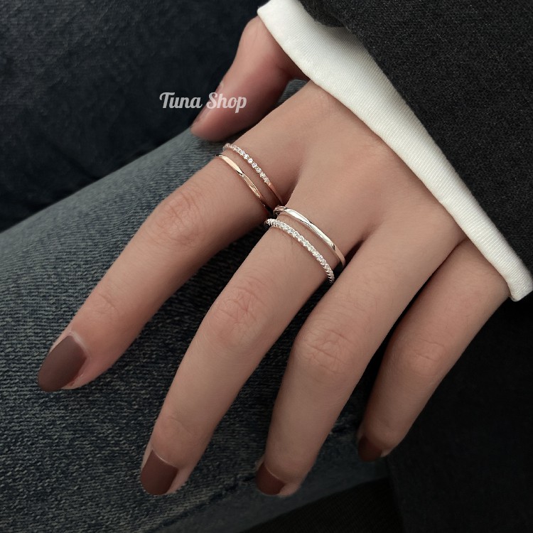 Nhẫn Bạc gắn đá 2 tầng, Nhẫn bạc nữ xinh cao cấp TUNA SILVER Trang sức Bạc
