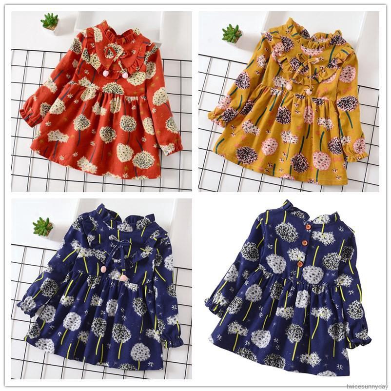 Đầm dài tay cổ lọ họa tiết hoa đáng yêu cho bé gái