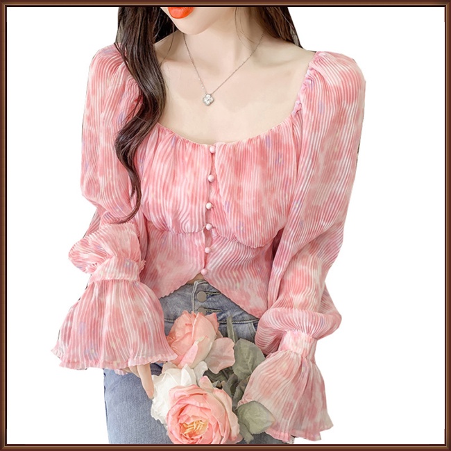 Áo Sơ Mi Chiffon Cổ Vuông Tay Loe Xếp Ly In Họa Tiết Phong Cách Pháp Cổ Điển Thời Trang Cho Nữ