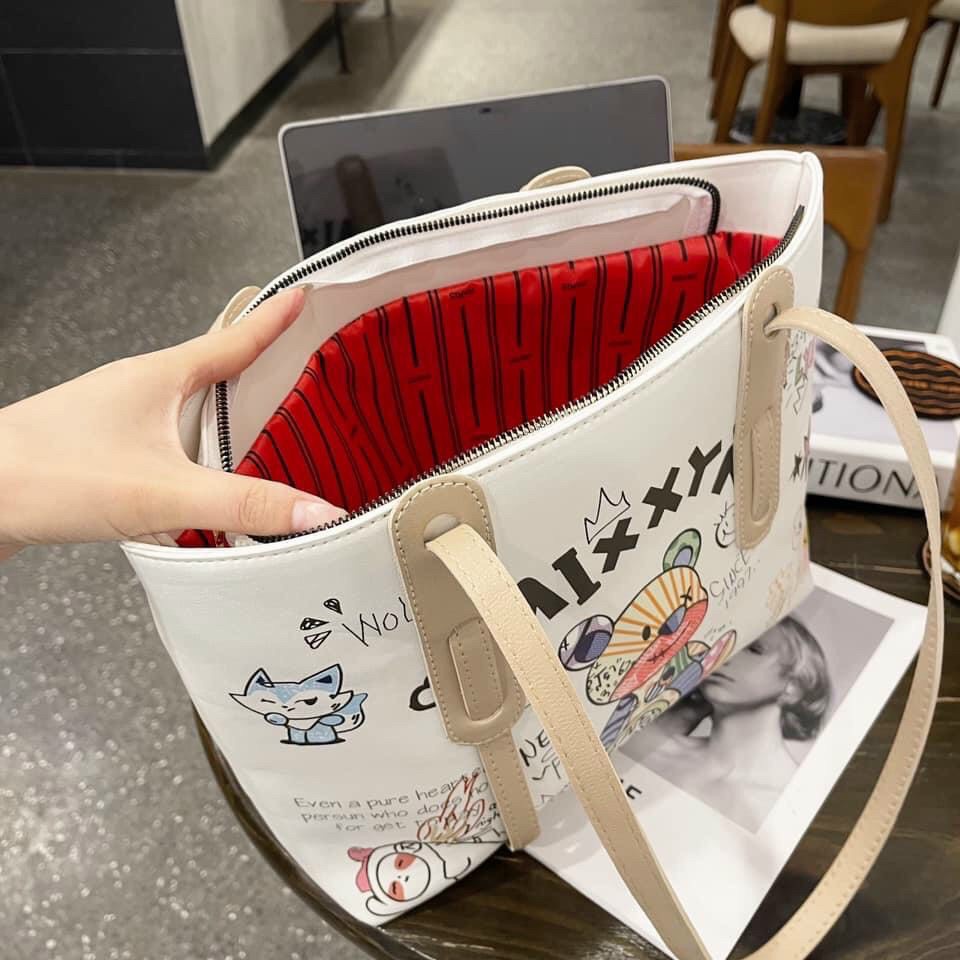 Túi tote nữ đeo vai họa tiết gấu MIXXY cực dễ thương, da mềm đựng vừa A4, Hà túi HT20