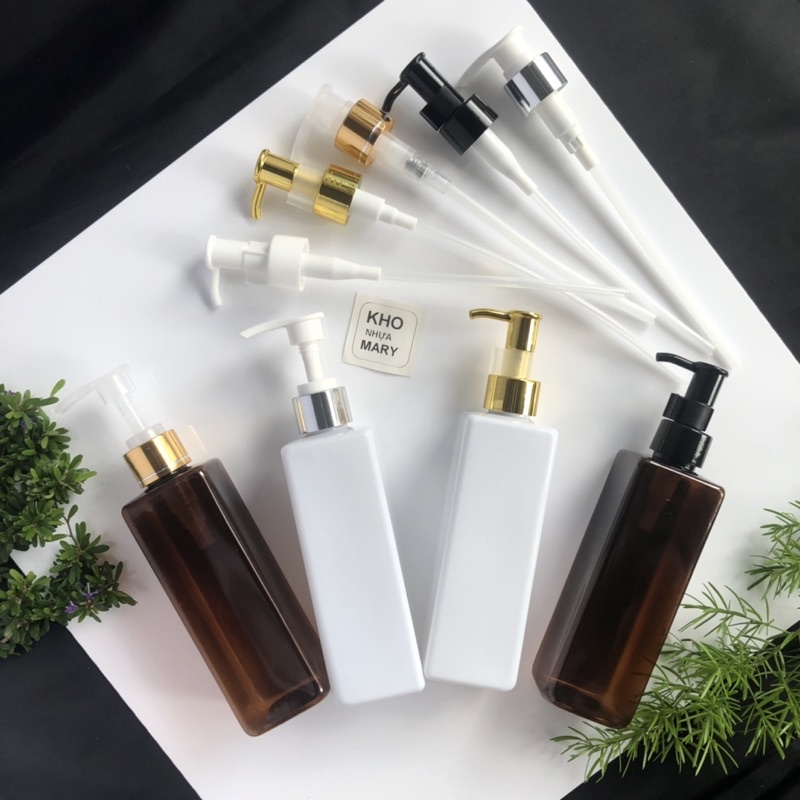 Chai Vuông 250ml / 300ml vòi Nhấn nhỏ giọt Vàng/ Đen/ trắng - Chai Pet đựng dầu gội , chiết Mỹ phẩm