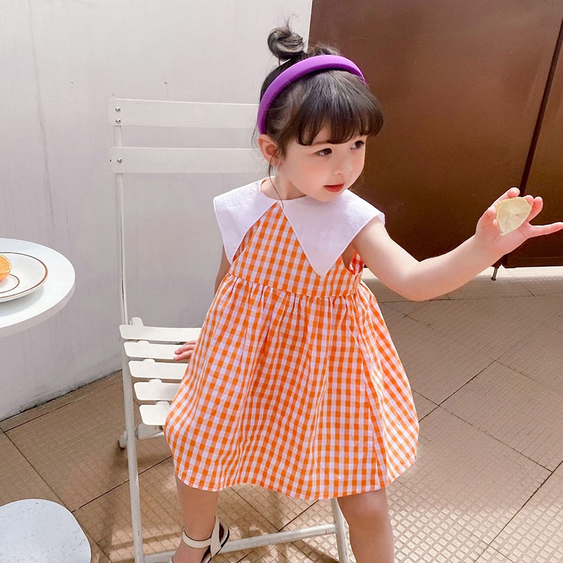 Đầm Không Tay Họa Tiết Sọc Caro Xinh Xắn Thời Trang Mùa Hè Theo Phong Cách Hàn Quốc Cho Bé Gái