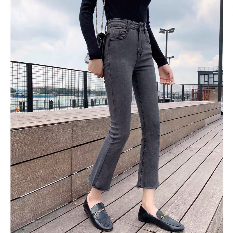 Quần Jeans Nữ Ống Loe Tua Gấu Xám Tro Cá Tính, Quần Bò Nữ Dáng Loe Lưng Cao Siêu Hack Dáng Cao Cấp