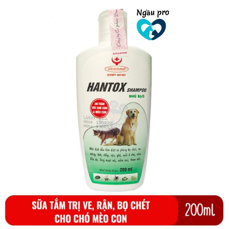 Sữa Tắm Cho Mèo Trị Ghẻ, Sữa tắm cho chó mèo Diệt Ve Rận Ký Sinh Trùng HANTOX Shampoo Nhũ Bạc 150ml, 200ml