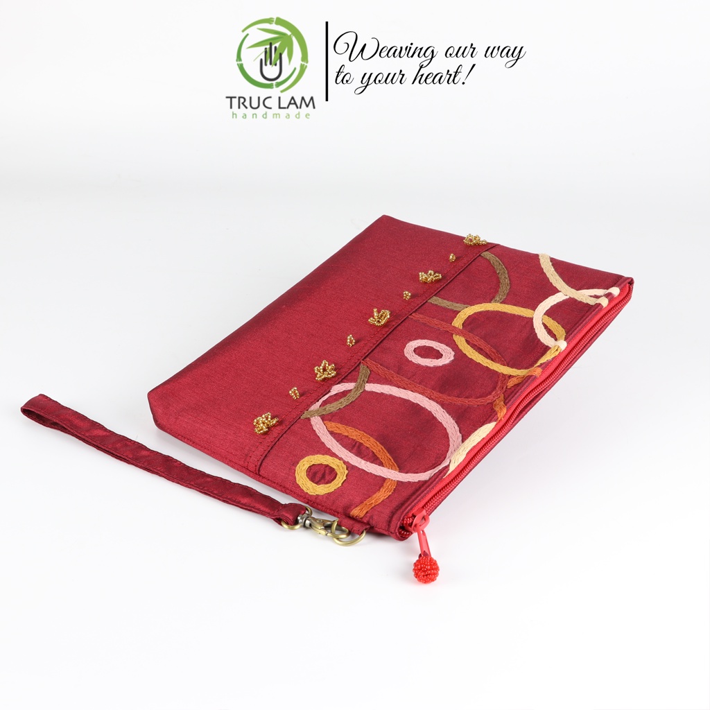 Ví Cầm Tay Đựng Ipad Clutch Vải Tafta Thêu Móc Xích Hạt Cườm Thủ Công Cỡ Bé - Trúc Lâm Handmade.