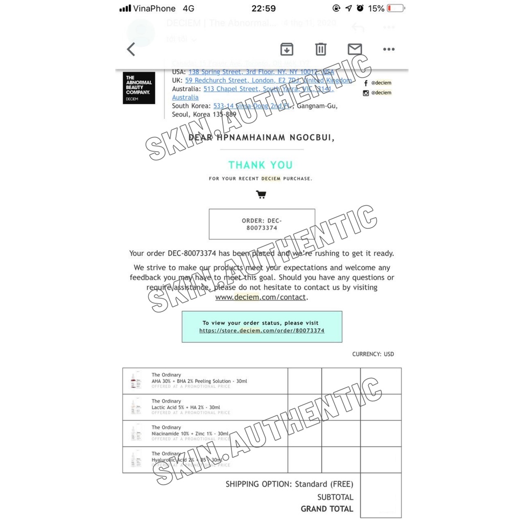 [Bản CANADA] Serum tinh chất dưỡng da The Ordinary Niacinamide 10% + Zinc 1% - Skin.authentic | BigBuy360 - bigbuy360.vn