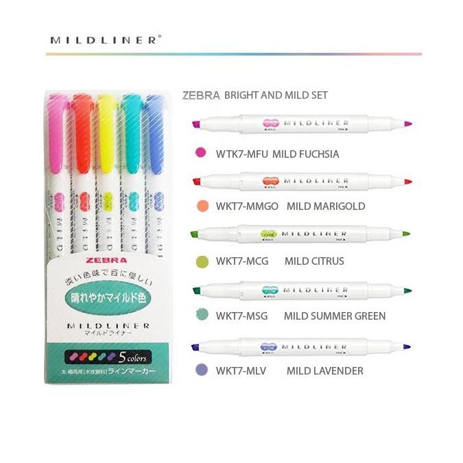 Bộ 5 bút đánh dấu hai đầu Zebra Mildliner Double-Sided Highlighter – Fine/Bold – Bright Color Set (Nhãn Xanh Lá)