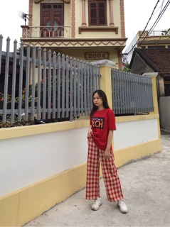 quần kẻ caro ống rộng