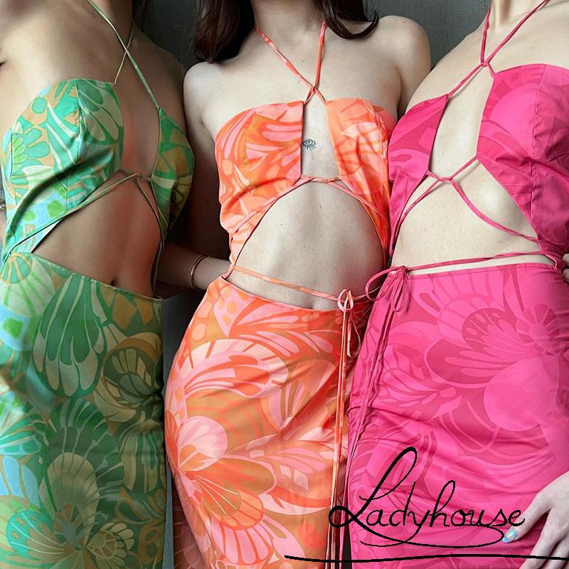 Đầm Dài Xẻ Tà Hở Lưng In Họa Tiết Hoa Thời Trang Mùa Hè Cho Nữ