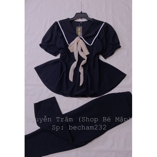 Set Áo Peplum Cổ Peter Viền Cột Nơ Quần Dài BigSize 65-85Kg