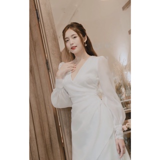 Đầm tay phồng cổ tim xếp ly eo cao cấp
